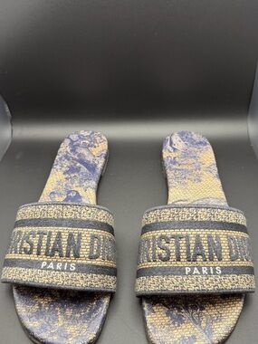 Dior Beige and Navy Jacquard Slide Sandals